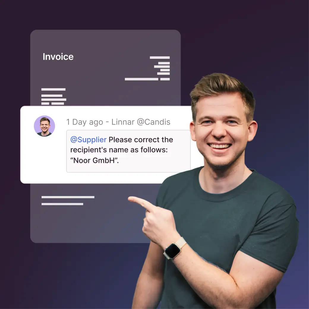 Team member points to a Candis invoice comment asking for the recipient name to be changed to “Noor GmbH.”