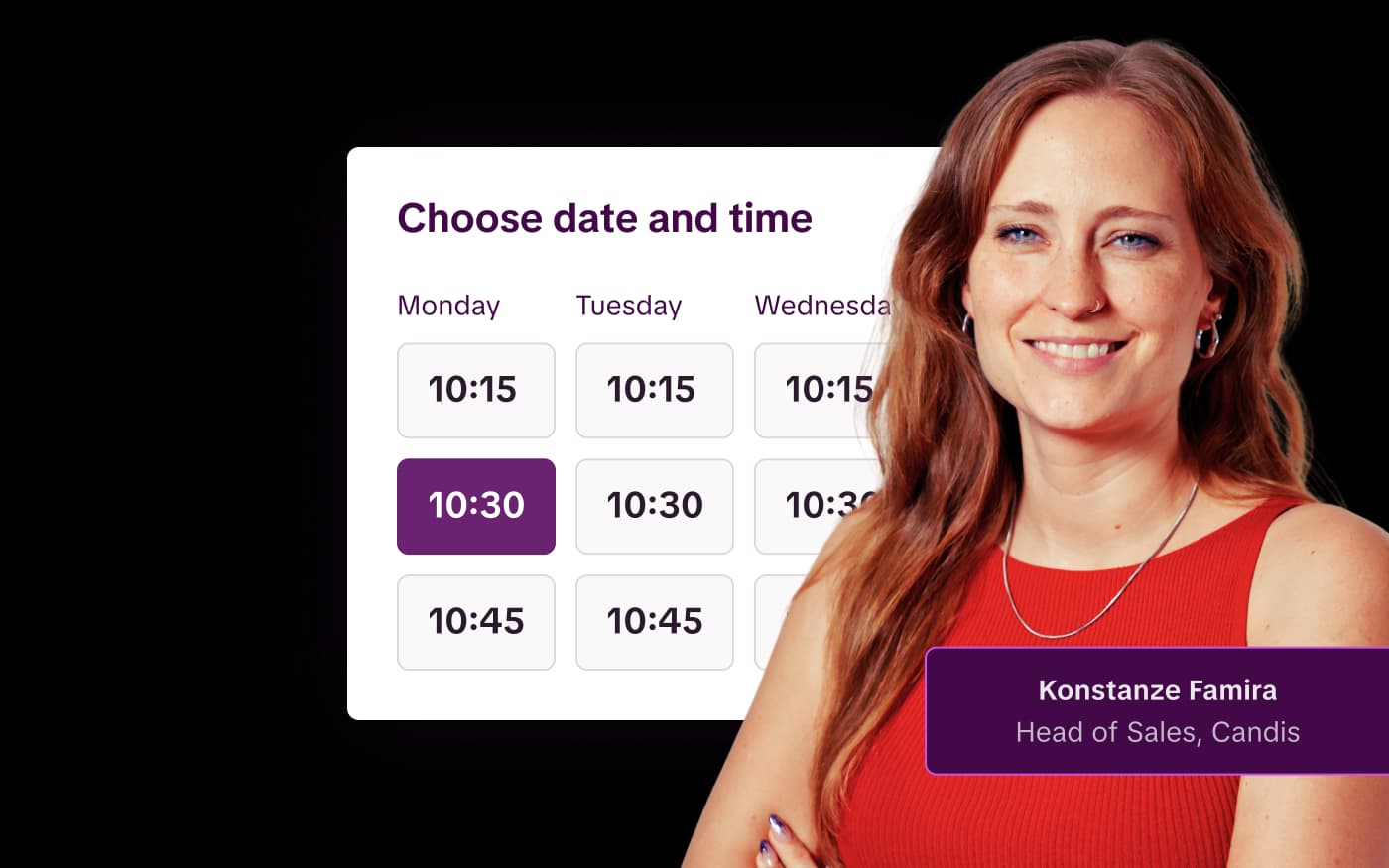 Smiling woman presenting a calendar for choosing a date and time.