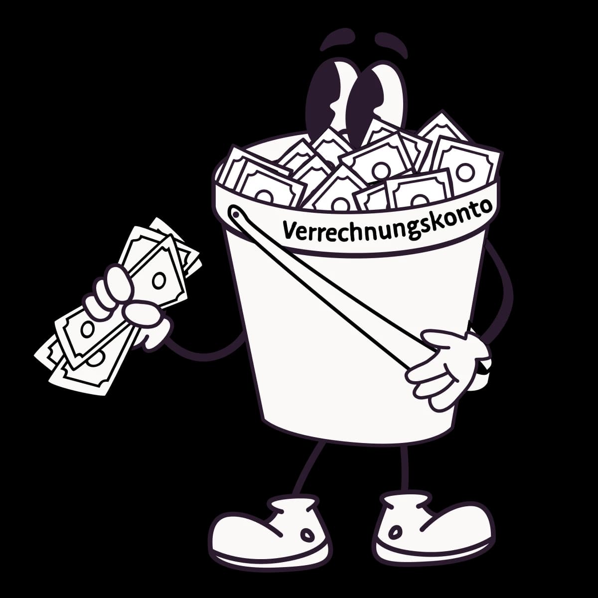 Das Bild zeigt eine Illustration eines Eimers voller Geld, der ein Verrechnungskonto darstellen soll.