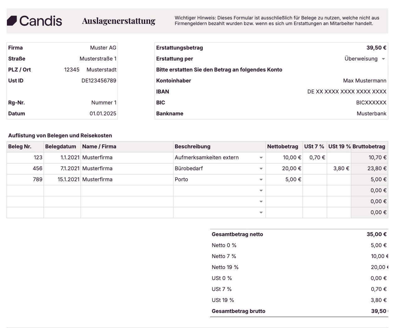 Kostenlose Excel Vorlage für die Auslagenerstattung