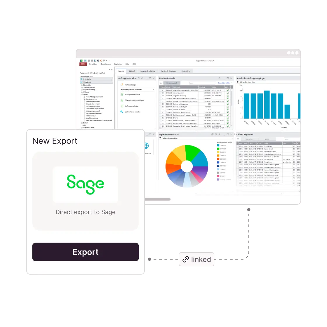 Candis view with Sage export: “Export directly to Sage” and an “Export” button.