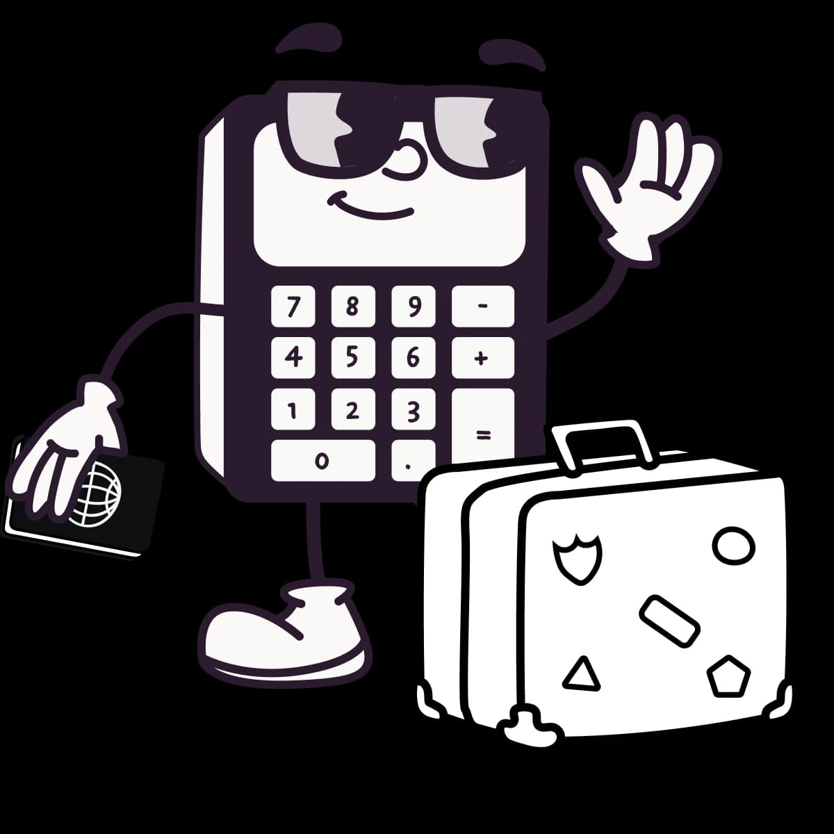 Ein Taschenrechner neben dem ein Koffer steht, winkt zum Abschied, was eine Urlaubsübergabe symbolisieren soll.