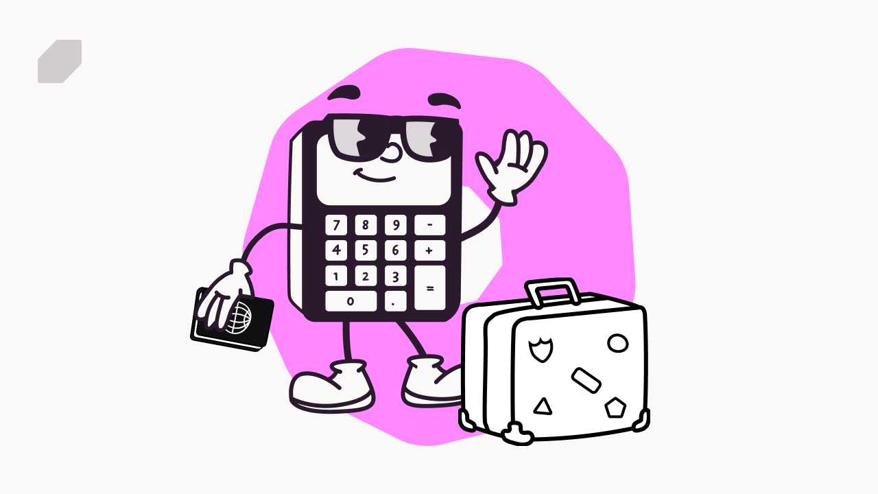 Ein Taschenrechner neben dem ein Koffer steht, winkt zum Abschied, was eine Urlaubsübergabe symbolisieren soll.