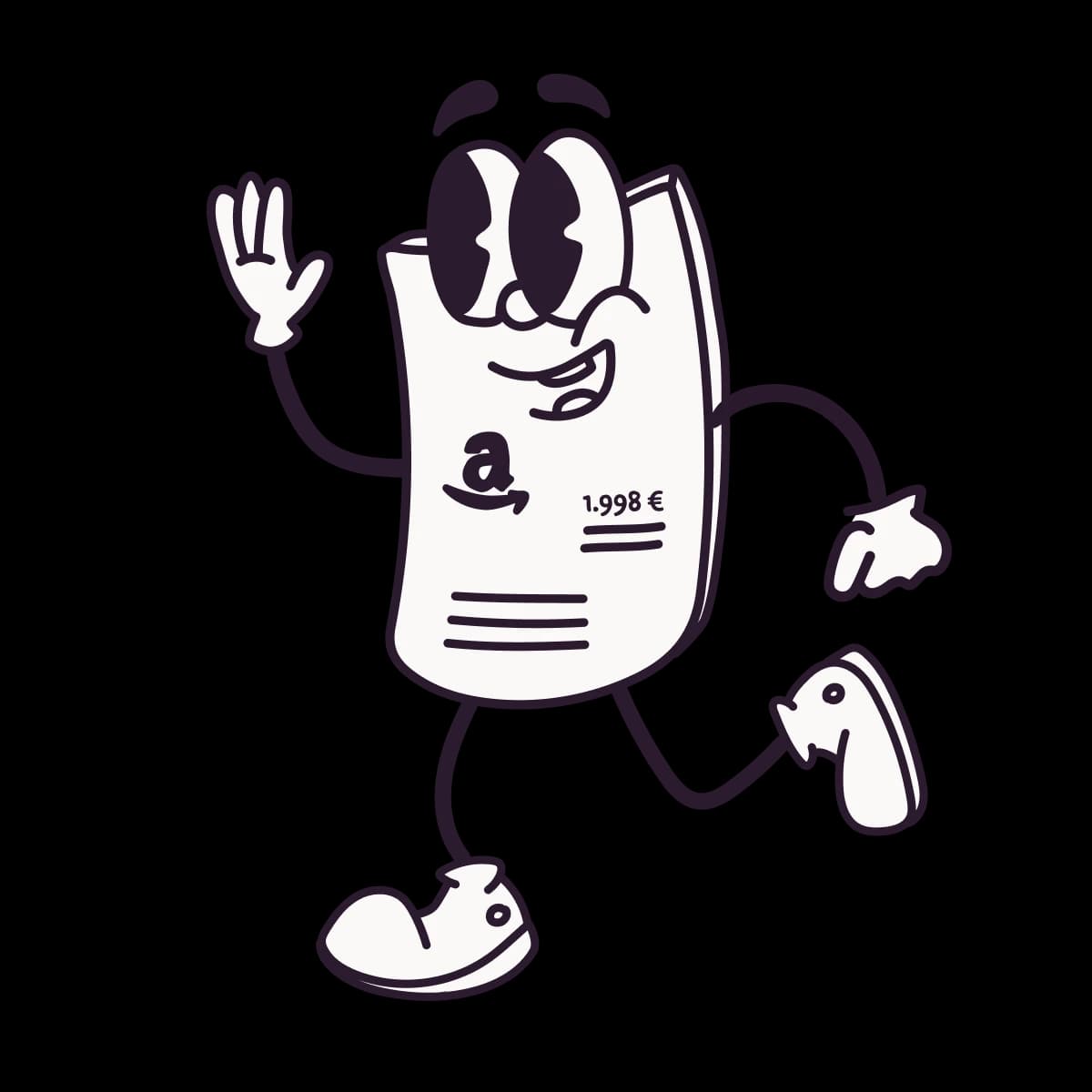 Eine Cartoon-Illustration einer Amazon-Rechnung winkt.