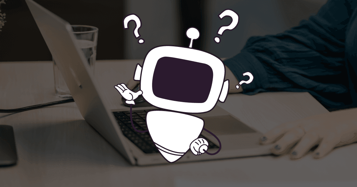 KI Buchhaltung OGI Illustration eines Roboters mit Fragezeichen vor Laptop