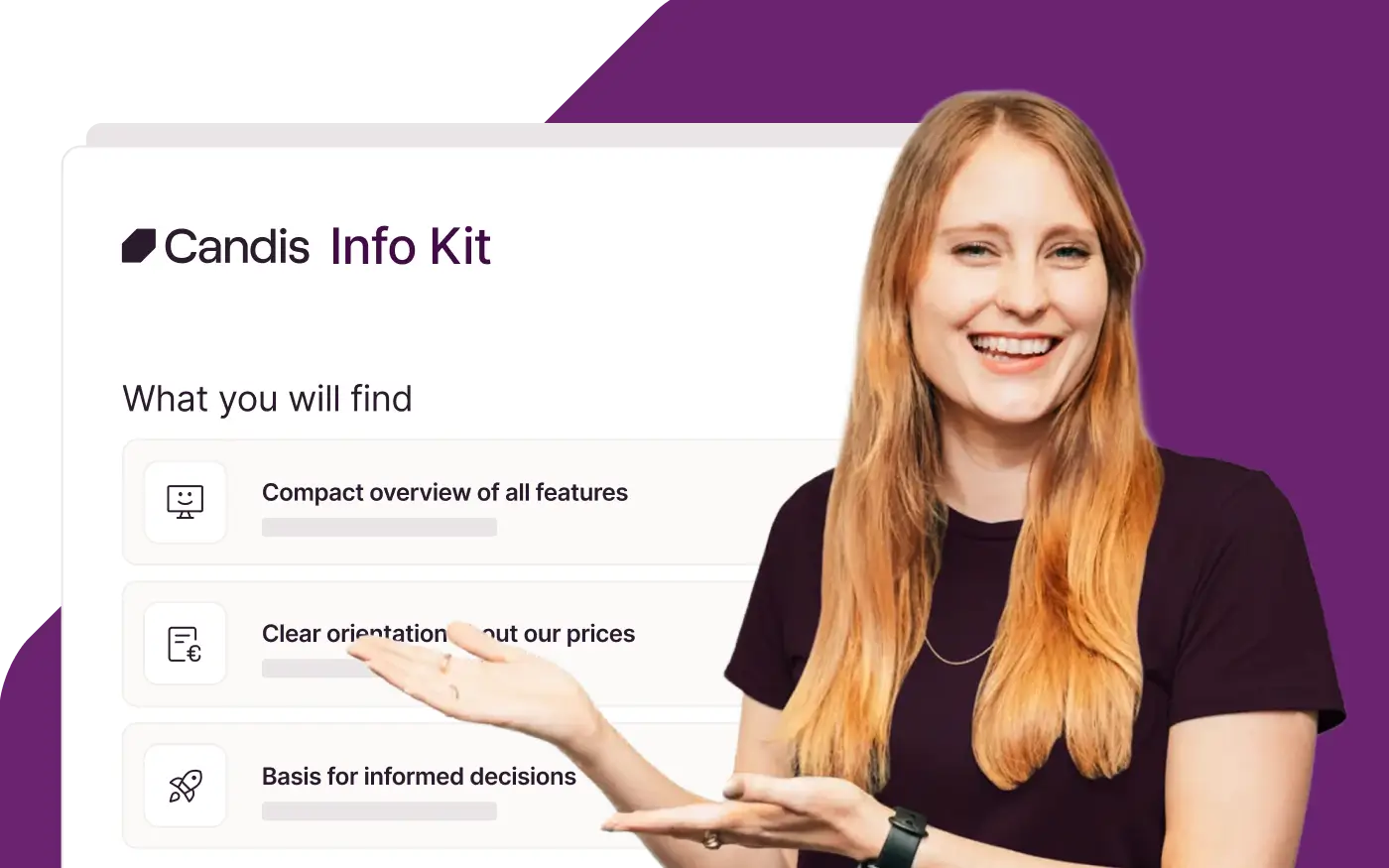Woman presenting the Candis information pack with an overview of features, pricing, plans, and decision-making guidance.