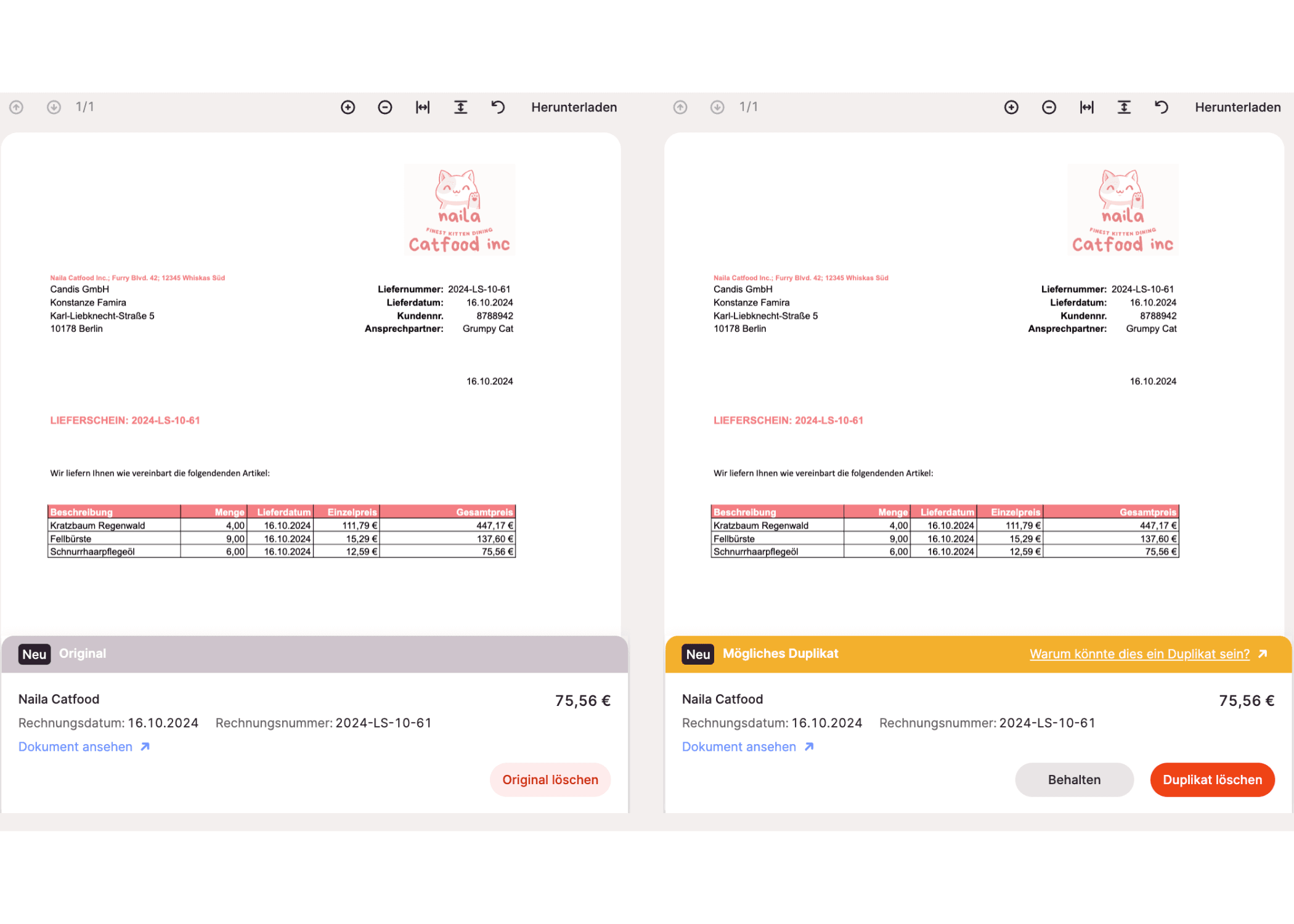 Dublettenprüfung: Ansicht von Original und Dublikat in Candis für den Vergleich