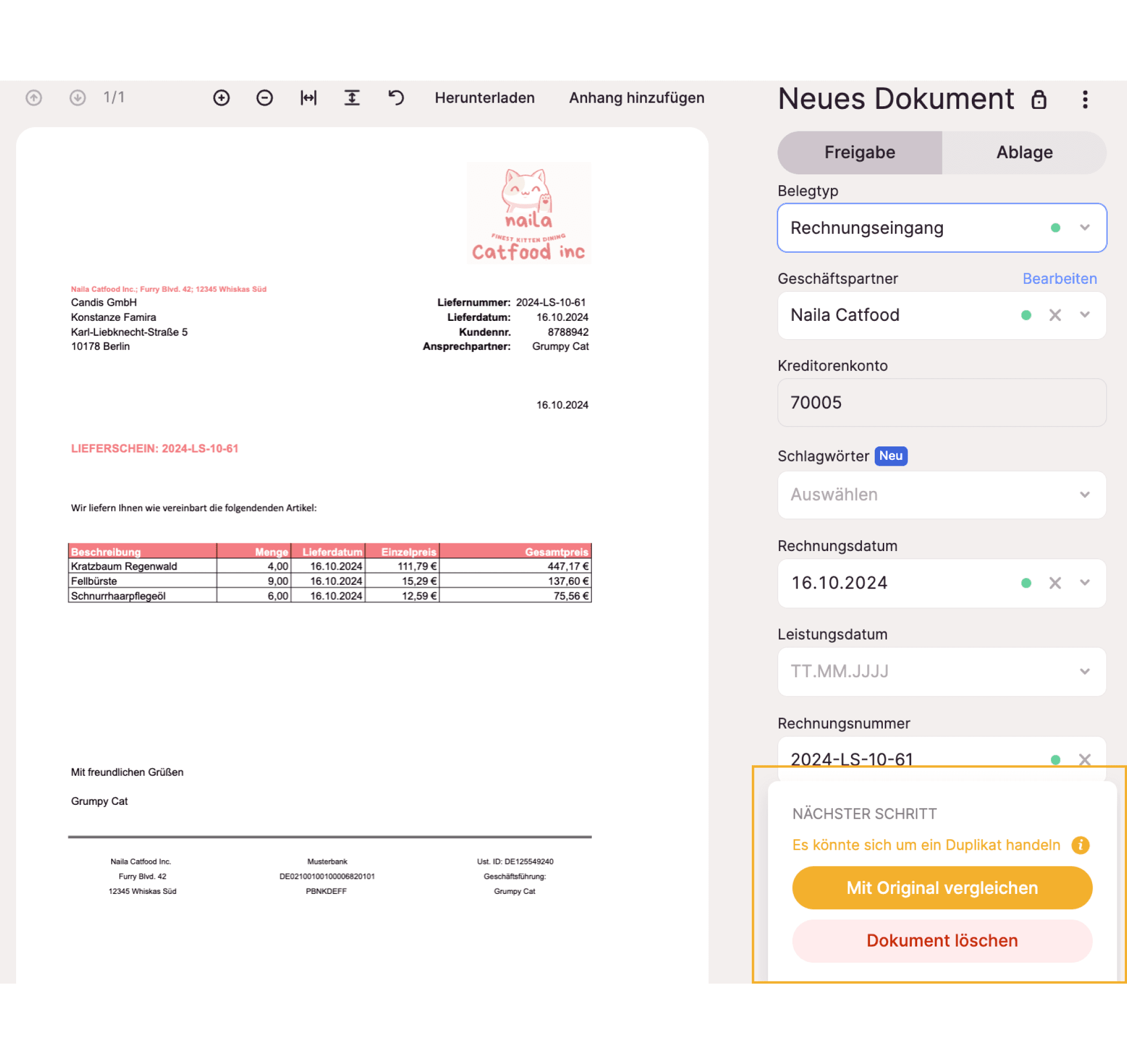 Dublettenprüfung: Ansicht eines Duplikats in Candis