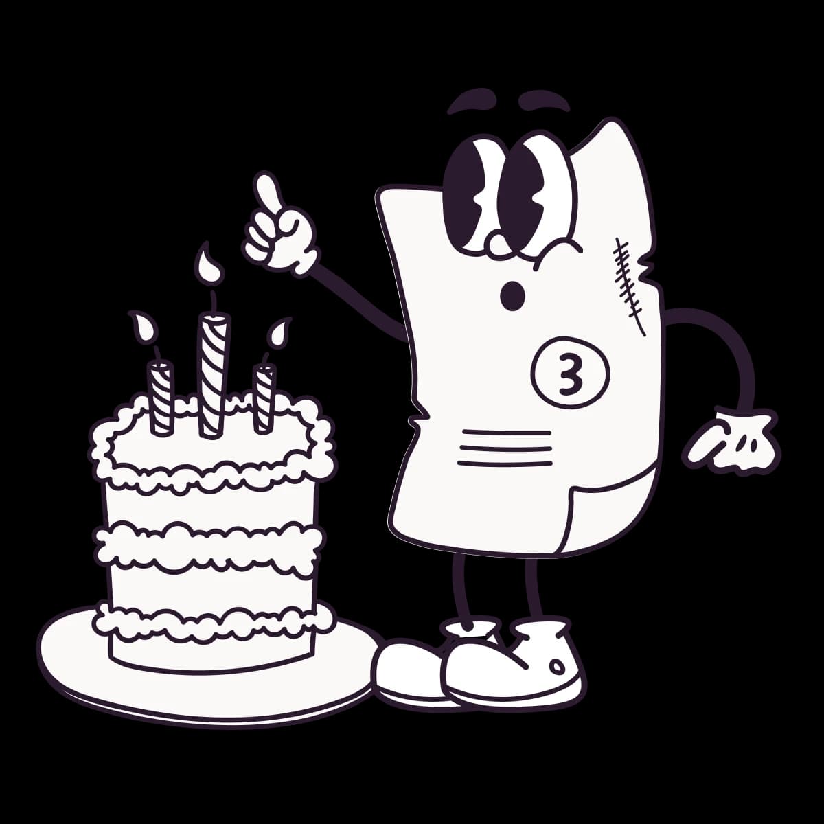 Eine verjährte Rechnung, die schon heruntergekommen aussieht, steht vor Geburtstagstorte mit 3 Kerzen.