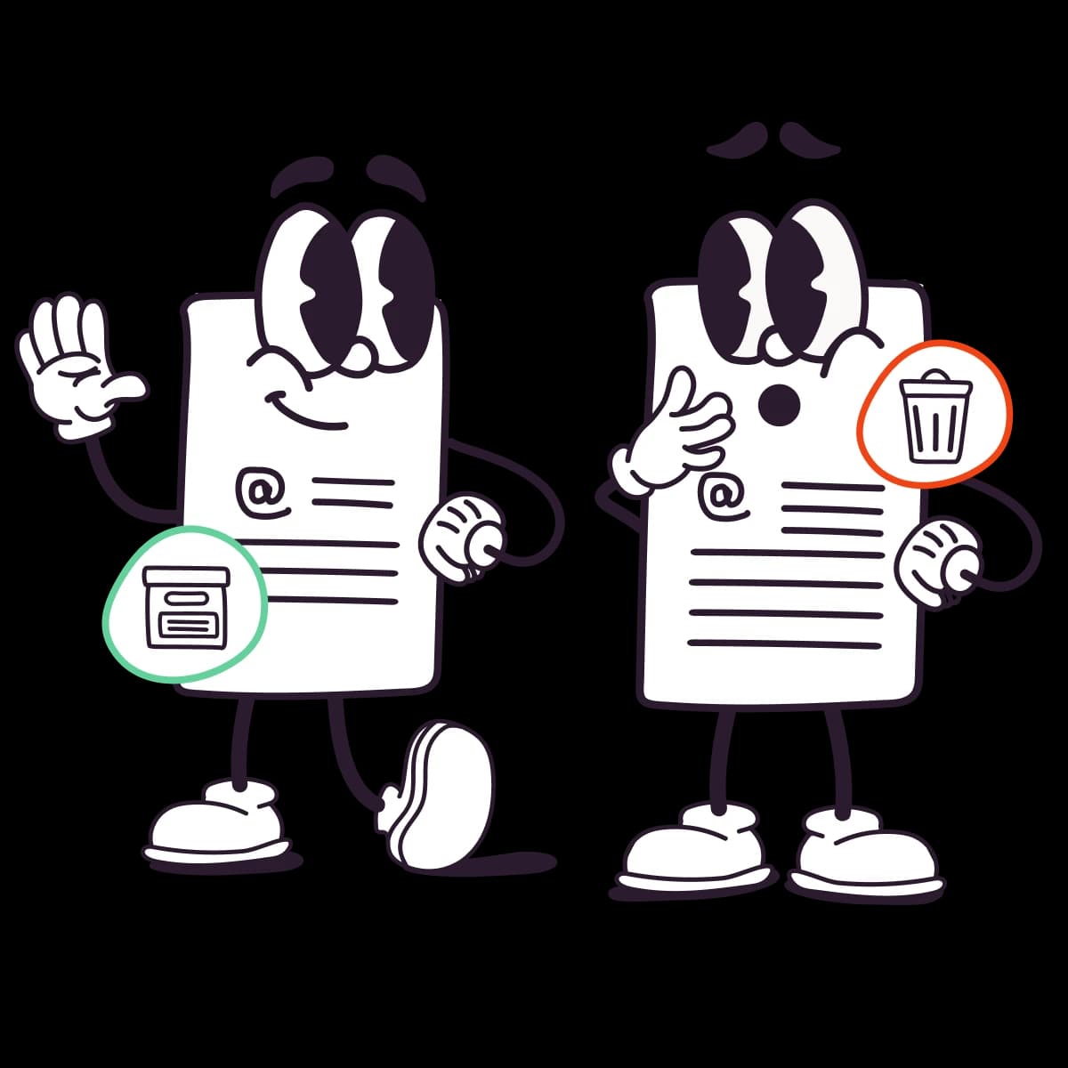 Zwei Illustrationen von E-Mails blicken sich an. Eine von ihnen wird archiviert und eine gelöscht.