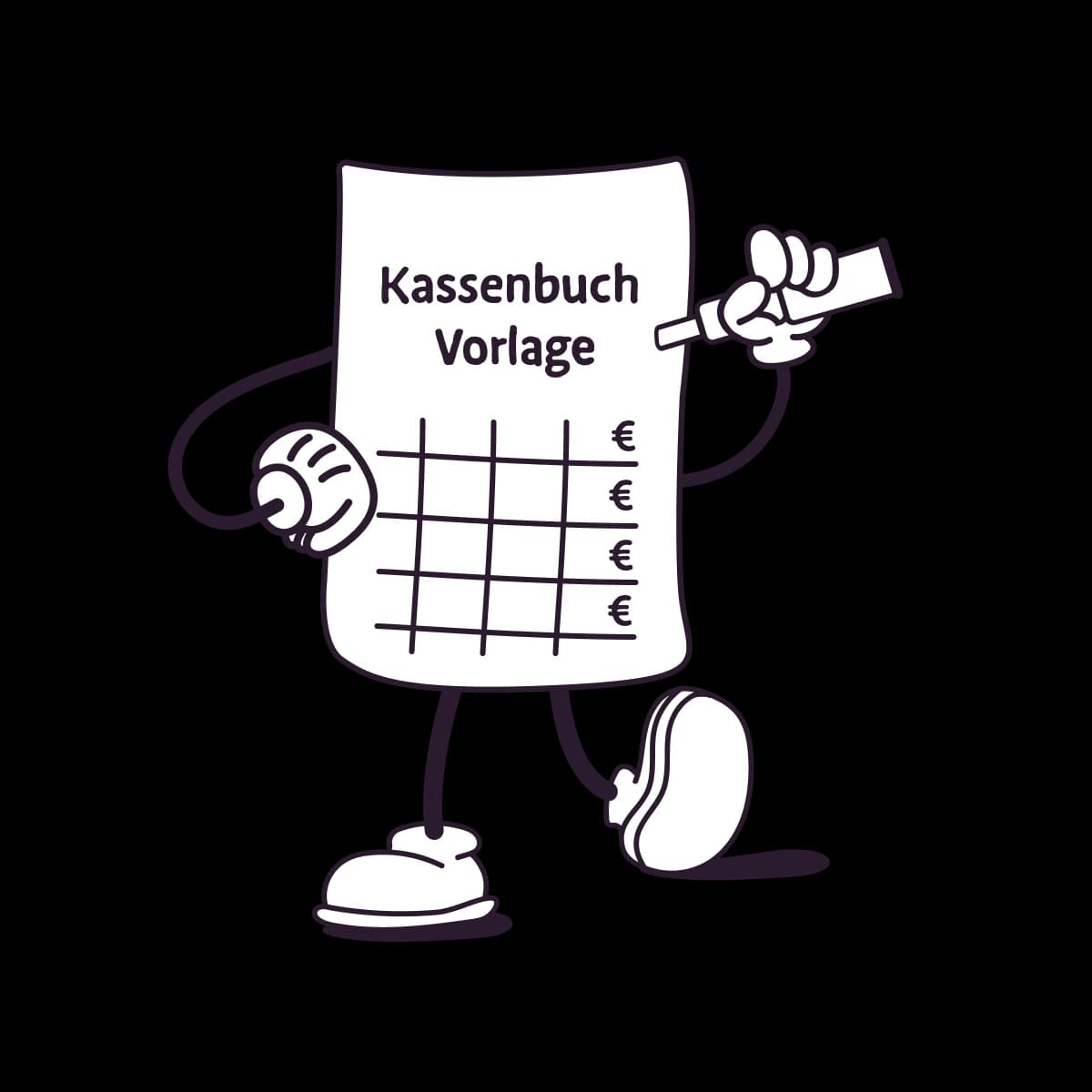 Ein Papier-Cartoon, auf dem Kassenbuch Vorlage steht, hält einen Stift in der Hand.