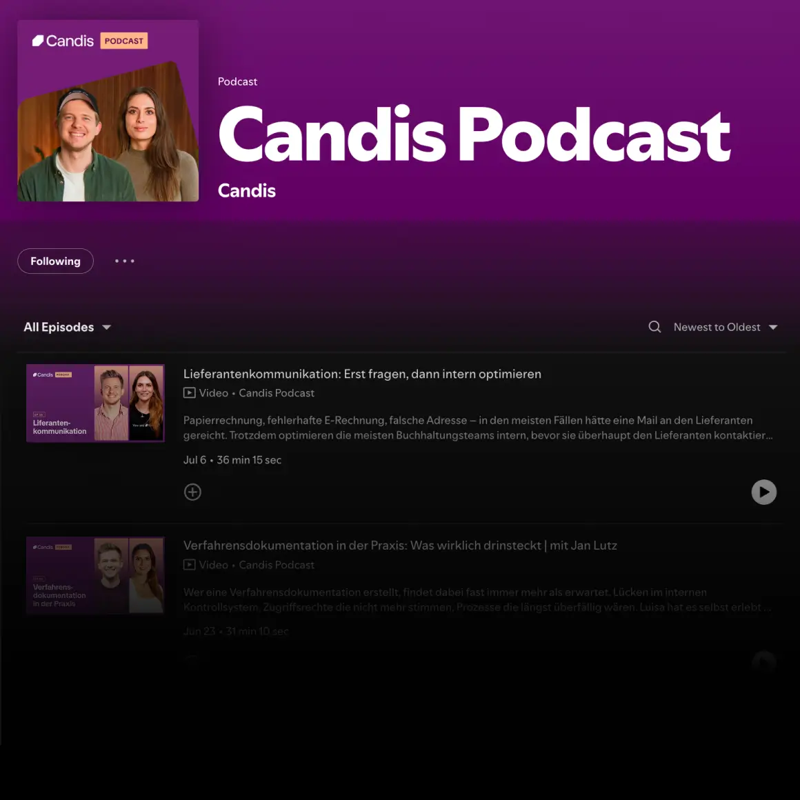 Candis podcast page for “Summen + Salden” with an episode list and playback buttons