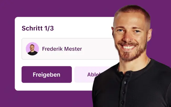 Mann vor einer Candis-Oberfläche mit der Begrüßung „Guten Abend, Frederik“ und einer Aufgabenübersicht.