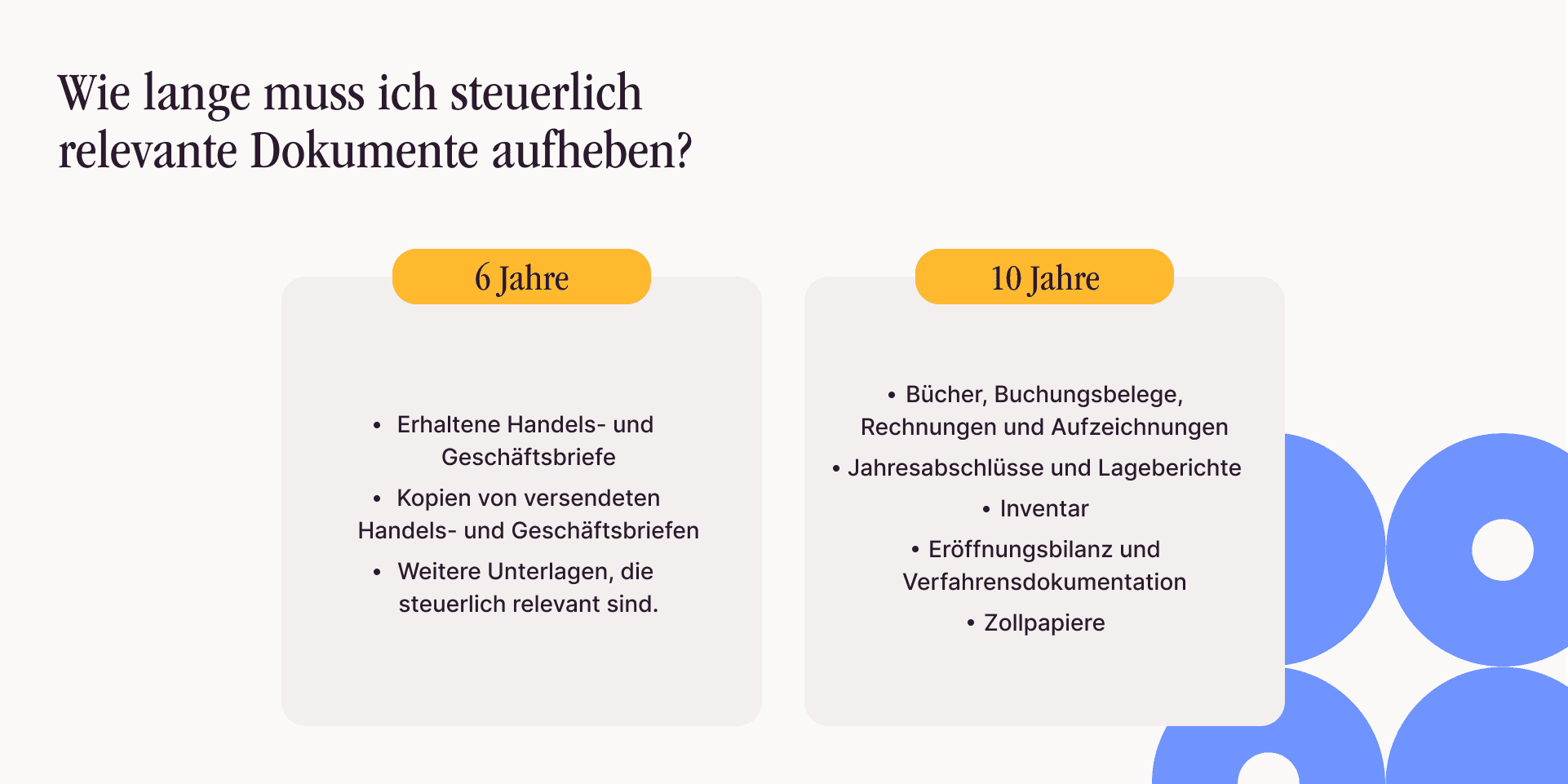 Je nach Dokument musst du diese 6 Jahre oder 10 Jahre aufbewahren.