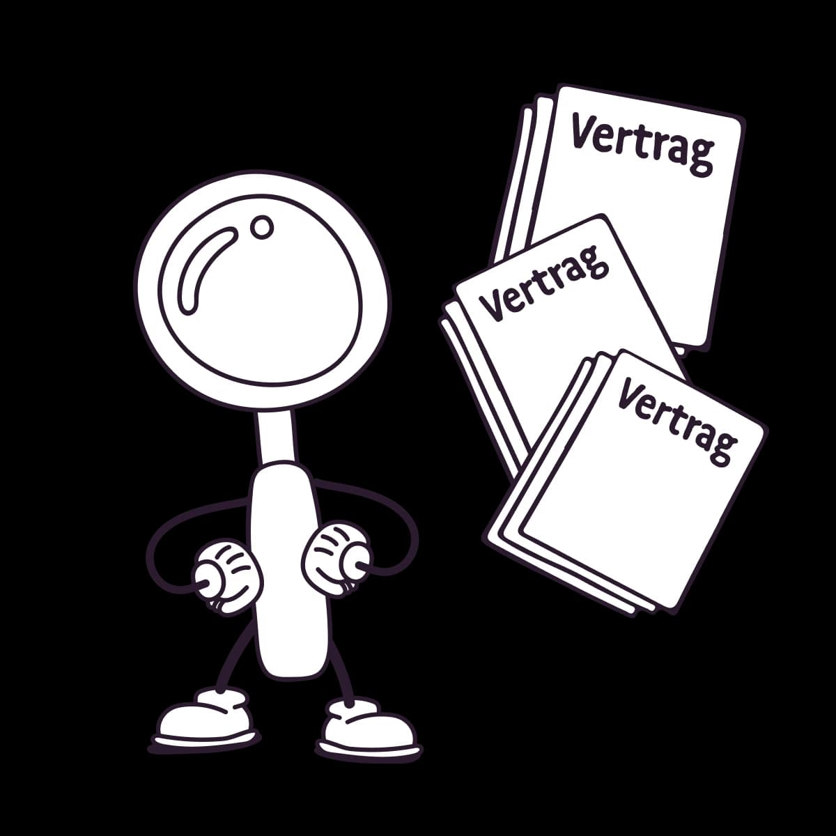 A magnifying glass and several documents labeled “Vertrag” symbolize contract management.