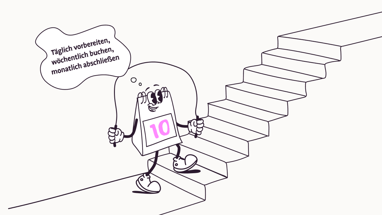 Monatsabschluss: Illustration bereitet sich Schritt für Schritt auf den Monatsabschluss vor und erklimmt eine Treppe.