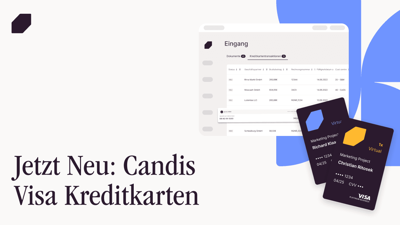 Candis Visa-Firmenkreditkarten vor einer Ansicht der Eingangsrechnungen