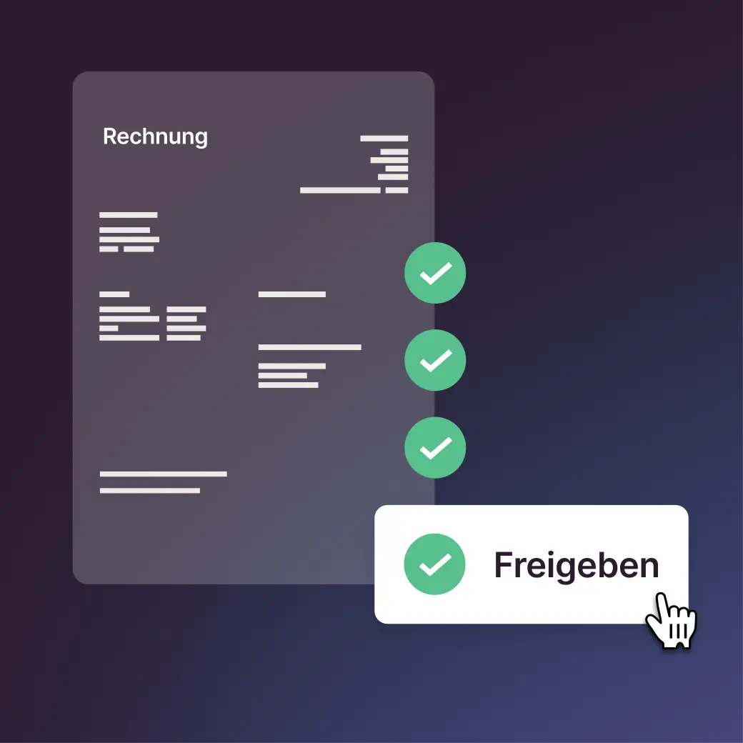 Digitale Rechnung mit grünen Häkchen und Schaltfläche „Freigeben“ für die automatisierte Rechnungsfreigabe.