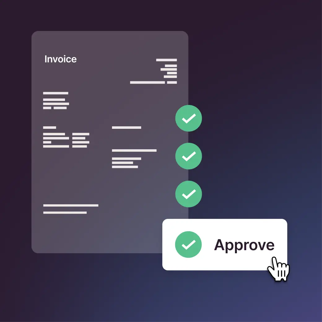Digital invoice with green checkmarks and an “Approve” button for automated invoice approval.