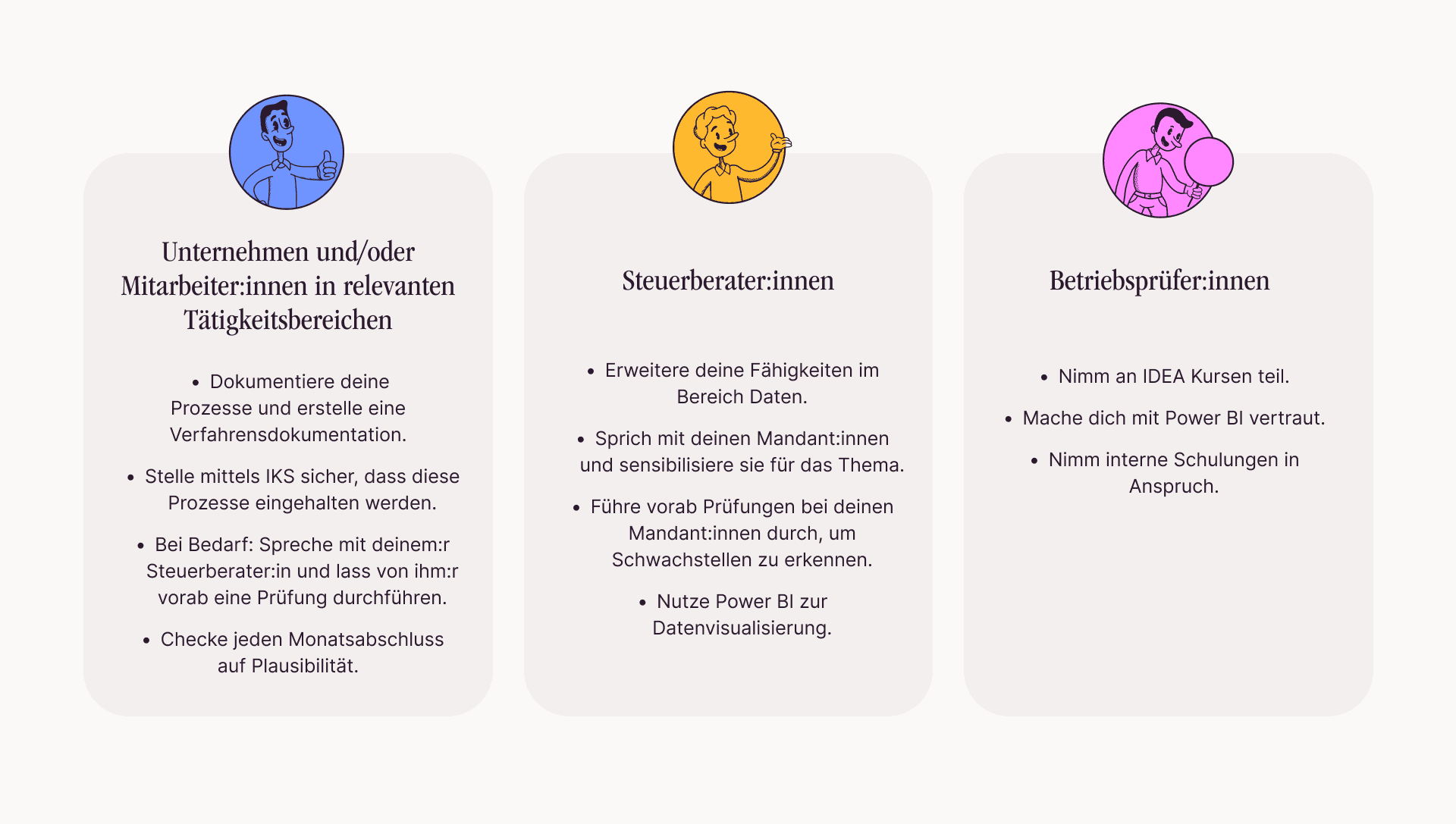 Für eine erfolgreiche Betriebsprüfung muss jeder seinen Teil beitragen - Steuerberater:innen, Betriebsprüfer:innen und Unternehmer:innen
