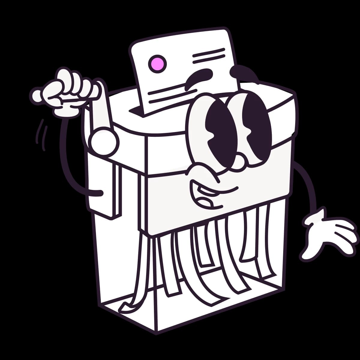 Ein Cartoon-Aktenvernichter zerstört ein Dokument, weil das Büro in Zukunft papierlos und digital ist.