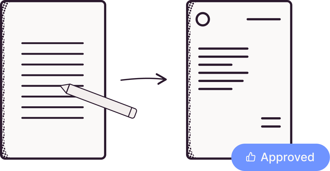 Rechnungsmanagement funktioniert digital effizienter: Auf dem Bild wird aus einem Papier mit Stift ein digitales Dokument, auf dem "approved" steht.