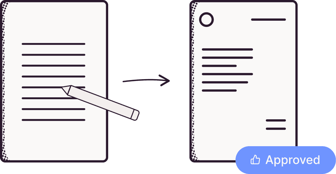 Rechnungsmanagement funktioniert digital effizienter: Auf dem Bild wird aus einem Papier mit Stift ein digitales Dokument, auf dem "approved" steht.