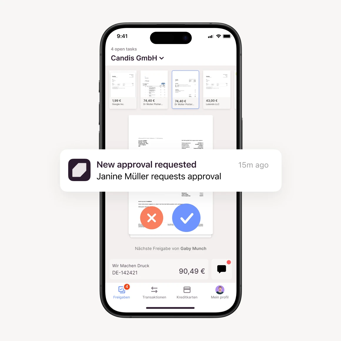 Die Candis-App für digitale Rechnungsfreigabe ist abgebildet.
