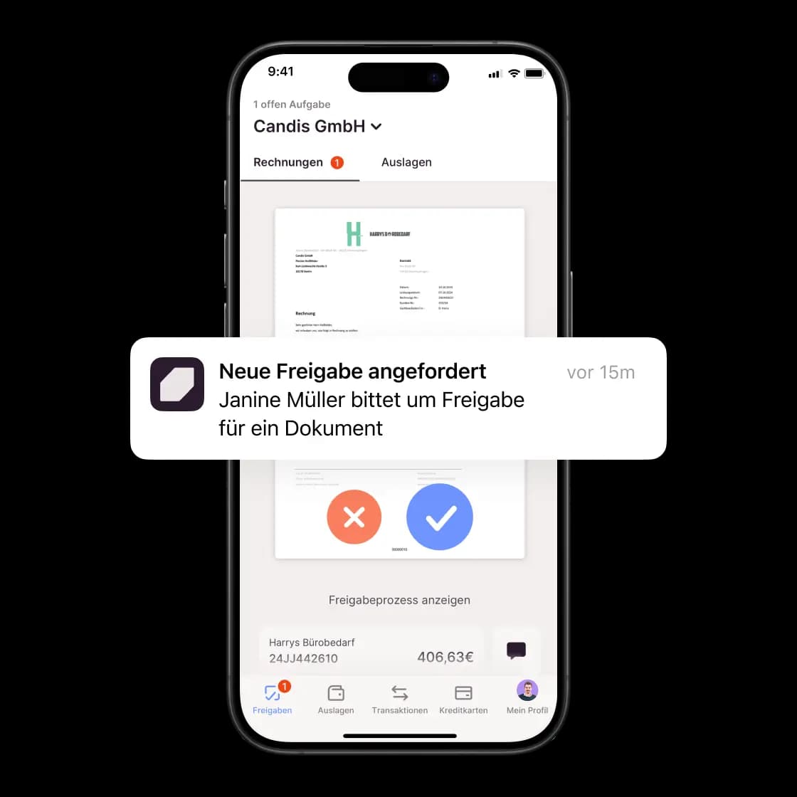 Die Candis-App für digitale Rechnungsfreigabe ist abgebildet.
