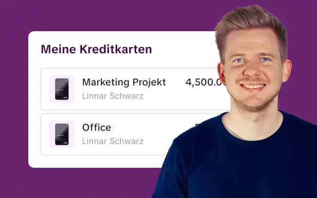 Candis Visa-Firmenkreditkarte mit Transaktionsübersicht neben einem lächelnden Mann.
