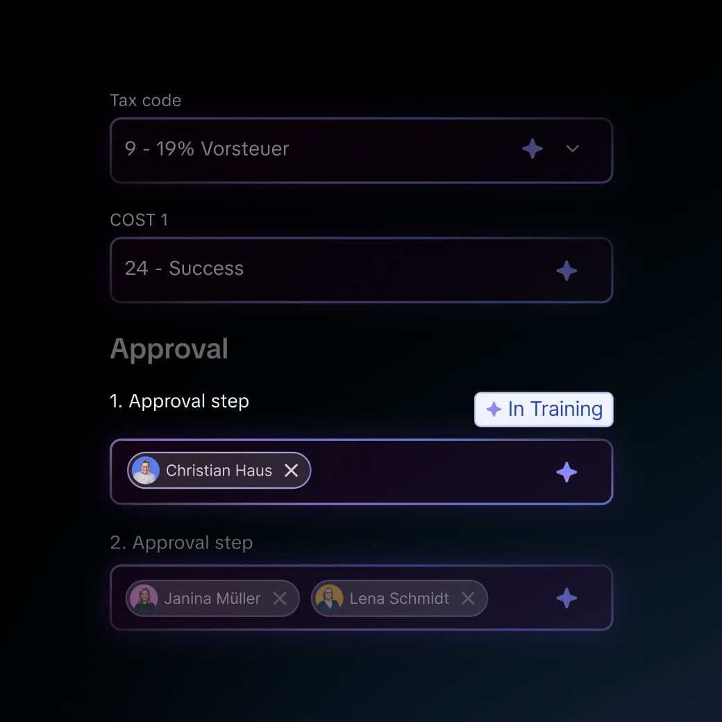 Candis AI-powered coding suggests “19% input tax,” accounts and approvers.