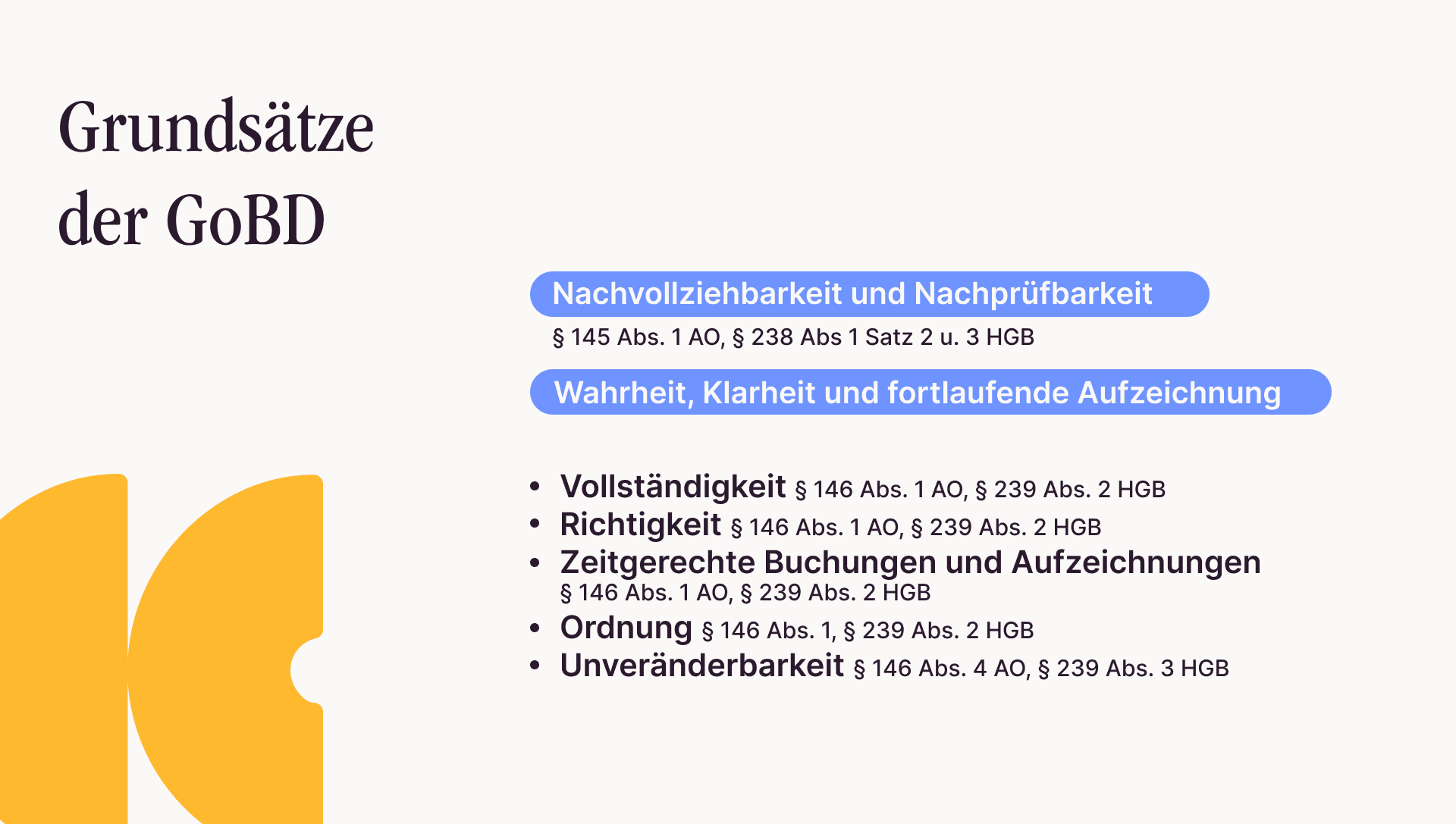 Grundsätze der GoBD: Nachvollziehbarkeit und Nachpruefbarkeit, Wahrheit, Klarheit und fortlaufende Aufzeichnung
