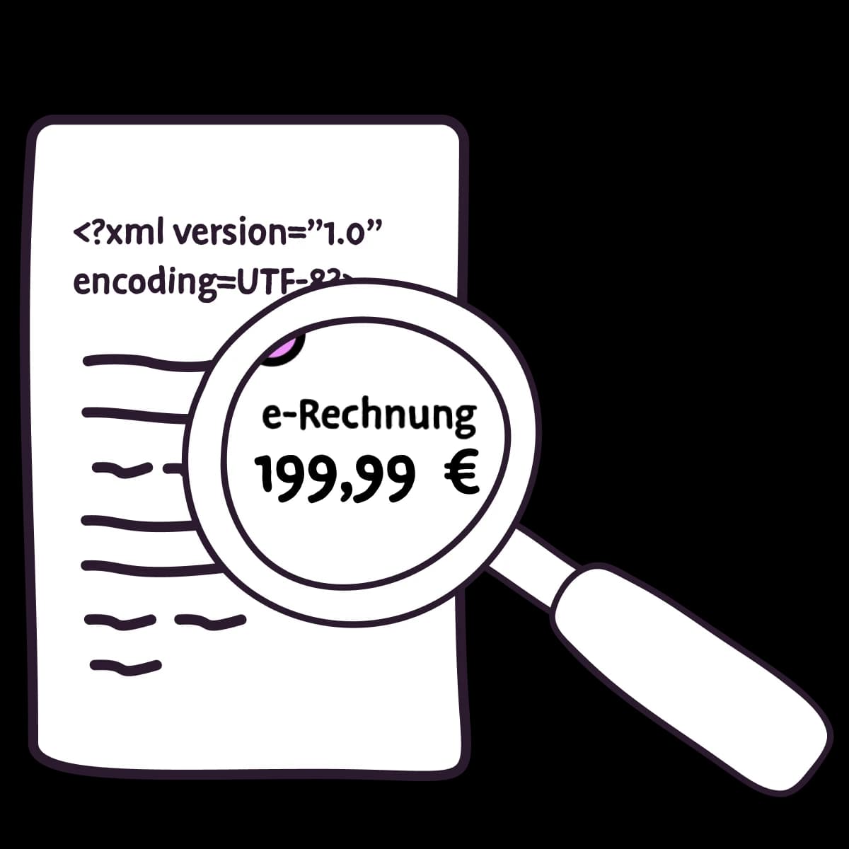 ZUGFeRD invoice shown as an XML file under a magnifying glass, highlighting “e-invoice” and €199.99.