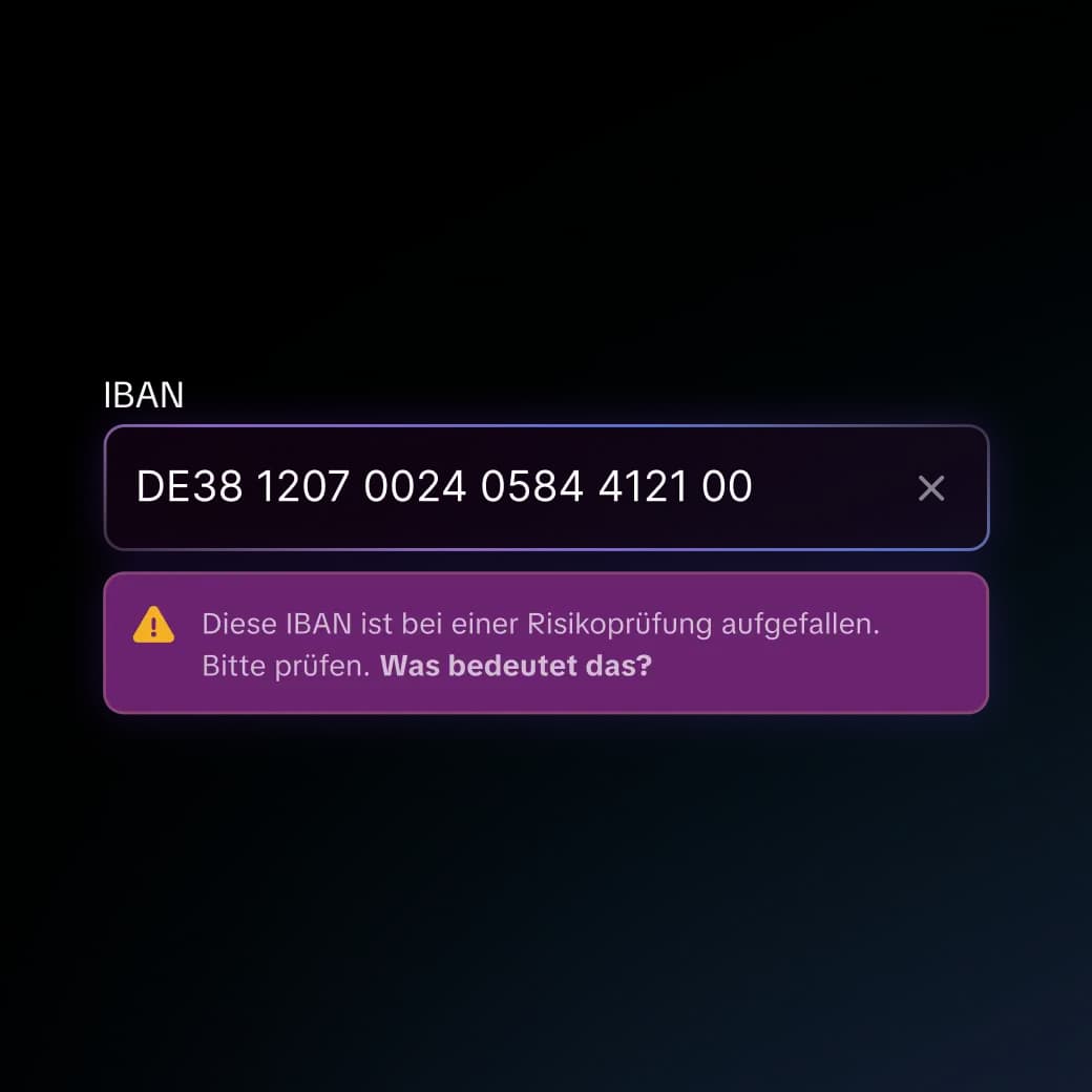 IBAN DE38 1207 0024 0584 4121 00 mit Warnhinweis zur Risikoprüfung