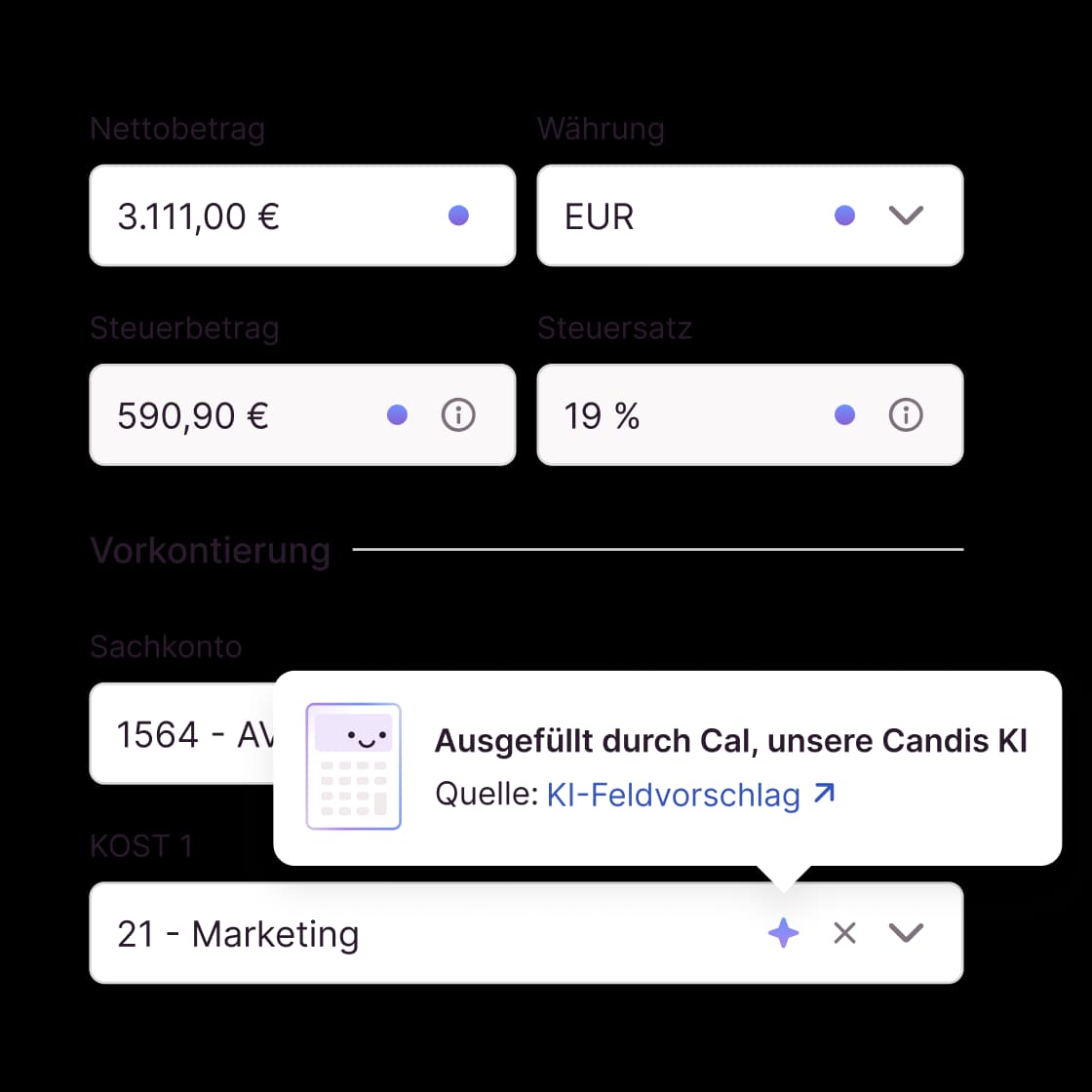 Candis KI unterstützt die Rechnungsvorkontierung und schlägt Sachkonto sowie Kostenstelle „21 – Marketing“ vor.