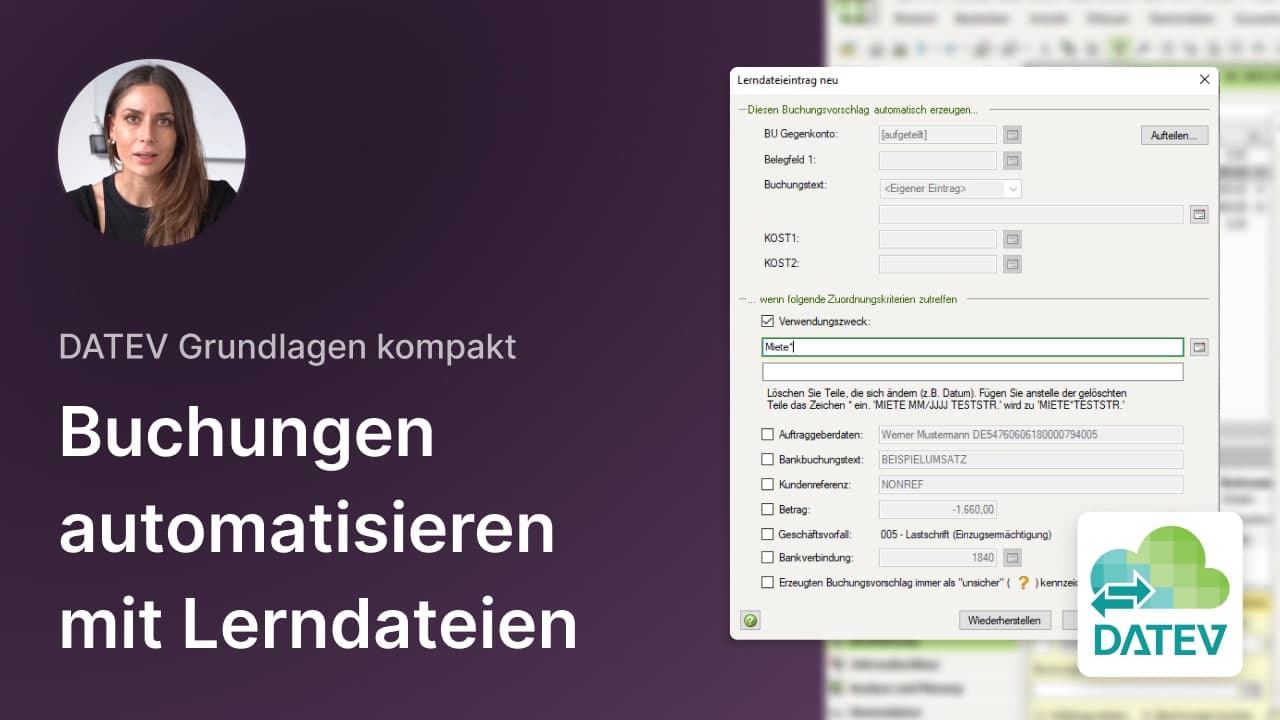 Tutorialfolie zu DATEV: „Buchungen automatisieren mit Lerndateien“ mit geöffnetem Dialog zur Lerndateierstellung.