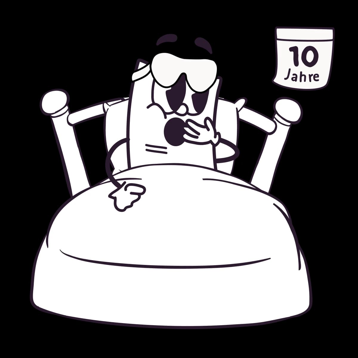 Eine Illustration eines Dokuments wacht nach 10 Jahren Aufbewahrungsfrist auf seinem Bett auf.