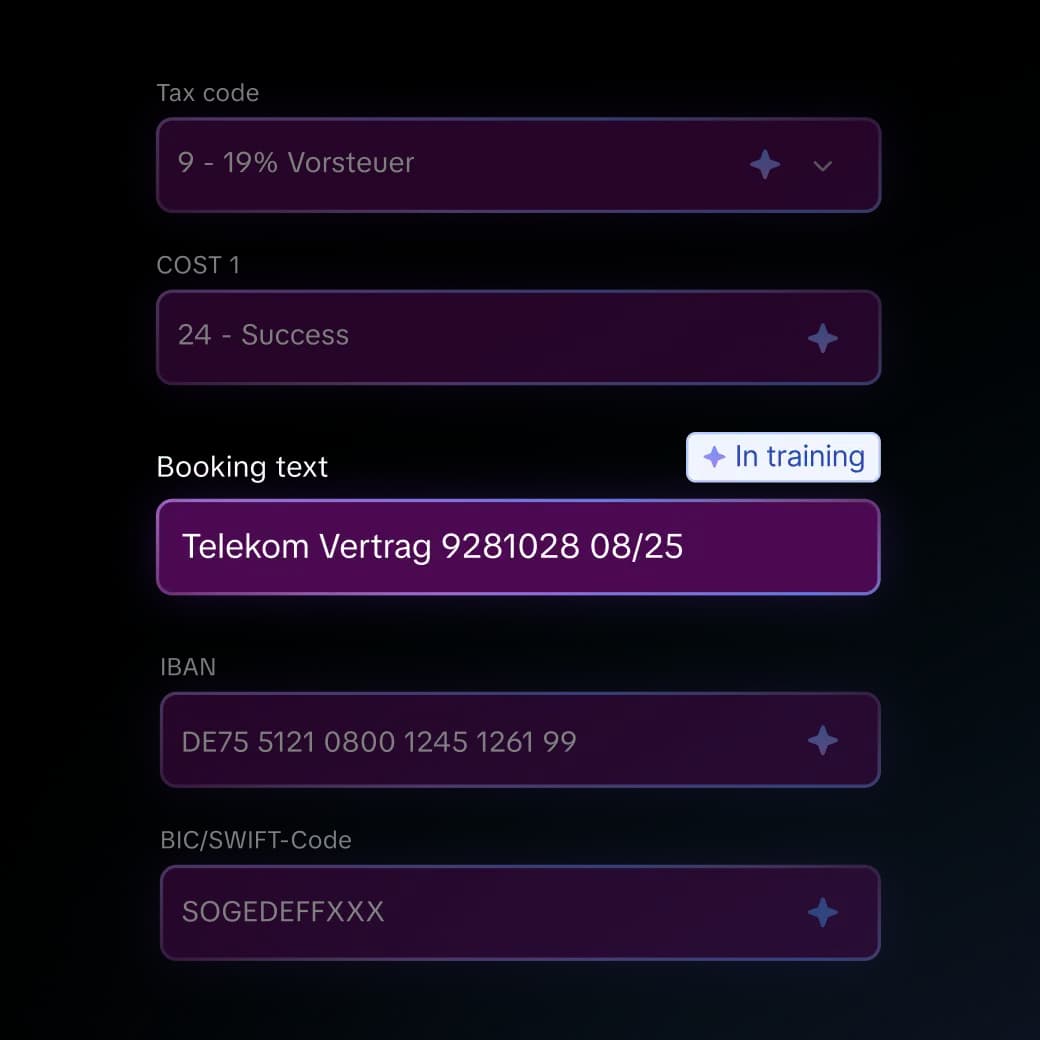 Candis interface: account assignment suggested by Candis AI with tax code, cost center, posting text, IBAN and BIC.