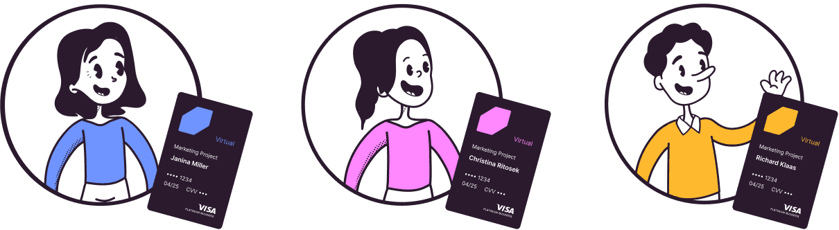 Oben sieht man drei Firmenkreditkarten für Mitarbeiter:innen im unteren Teil des Bildes, die die selben Farben wie die ihrer eigenen Kreditkarten tragen.