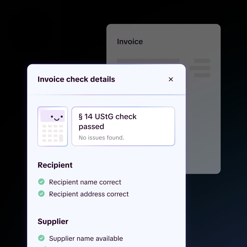 Candis interface: invoice check details with a passed § 14 UStG check and confirmed recipient and supplier data.