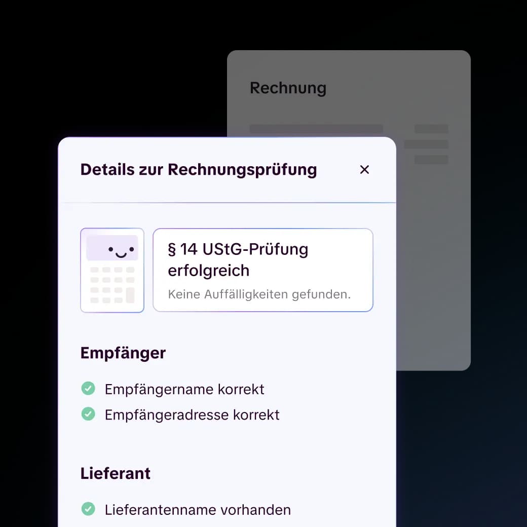 Candis Oberfläche: Details zur automatischen Rechnungsprüfung mit bestandener Prüfung nach § 14 UStG und bestätigten Angaben zu Empfänger und Lieferant.