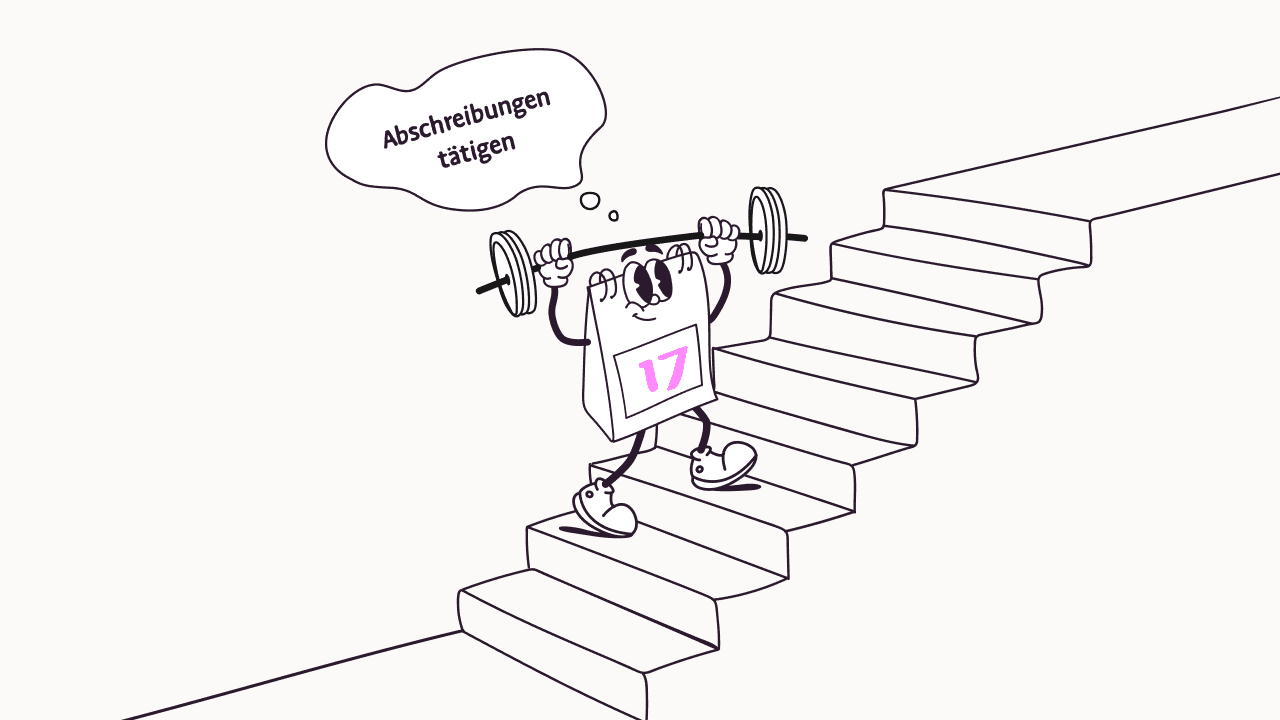 Monatsabschluss: Illustration erklimmt Treppe und springt Seil auf dem Weg zum Monatsabschluss, um sich vorzubereiten.ä\