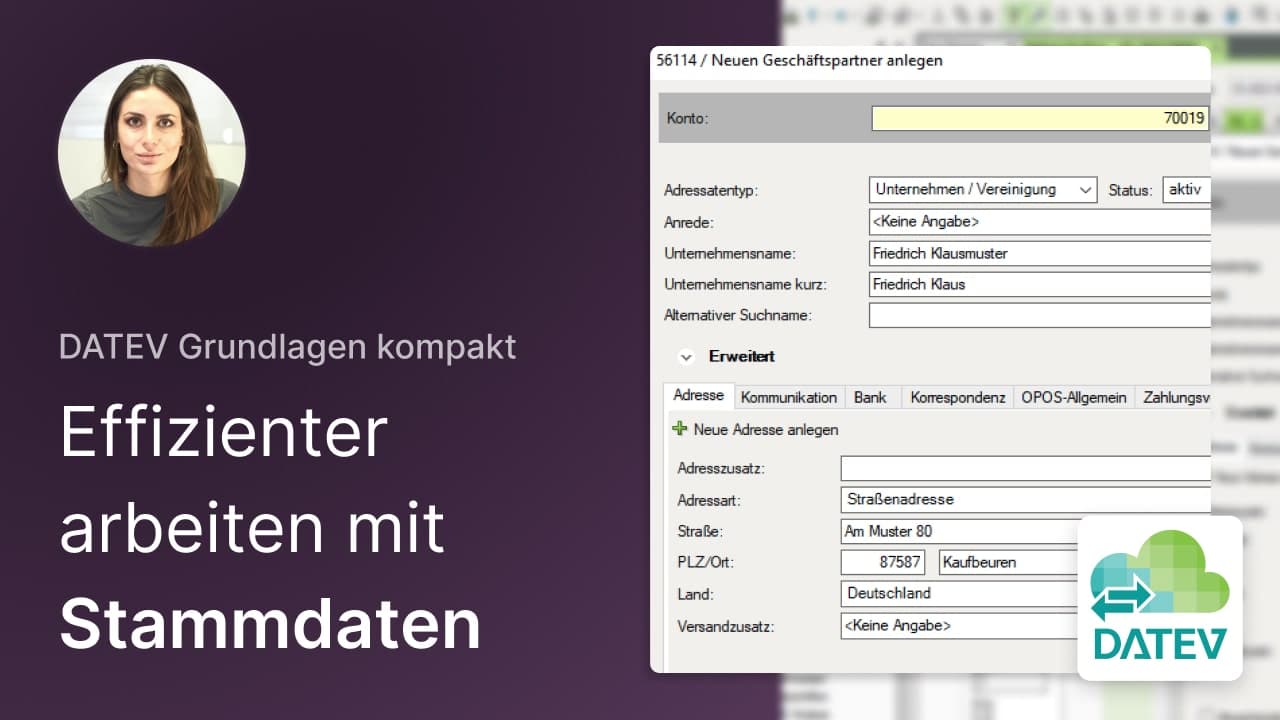 In diesem DATEV-Lernvideo zeige ich dir, wie du Geschäftspartner Stammdaten effizient erfassen kannst.