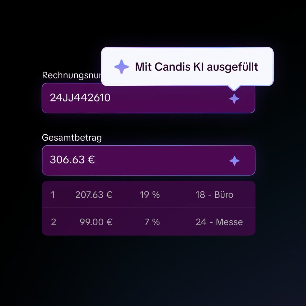 Candis Oberfläche: Rechnungsnummer und Gesamtbetrag von der Candis KI automatisch ausgefüllt, mit gemischten Umsatzsteuersätzen von 19 und 7 Prozent.